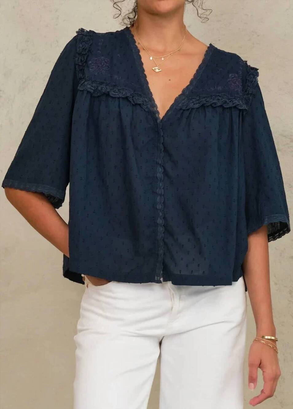 NEW M.A.B.E. brea frill top in navy